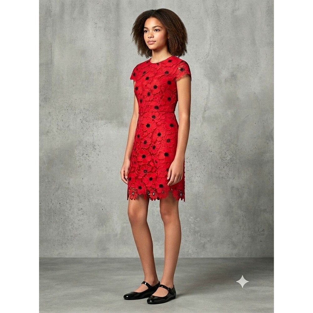 Milly Minis Girls 14 Red Floral Lace A-Line Dress With Cap Sleeves
